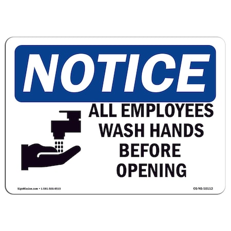Signmission OSHA Sign, All Employees Wash Hands Before With Symbol, 5in X 3.5in Decal, 3.5" W, 5" L, Landscape OS-NS-D-35-L-10112